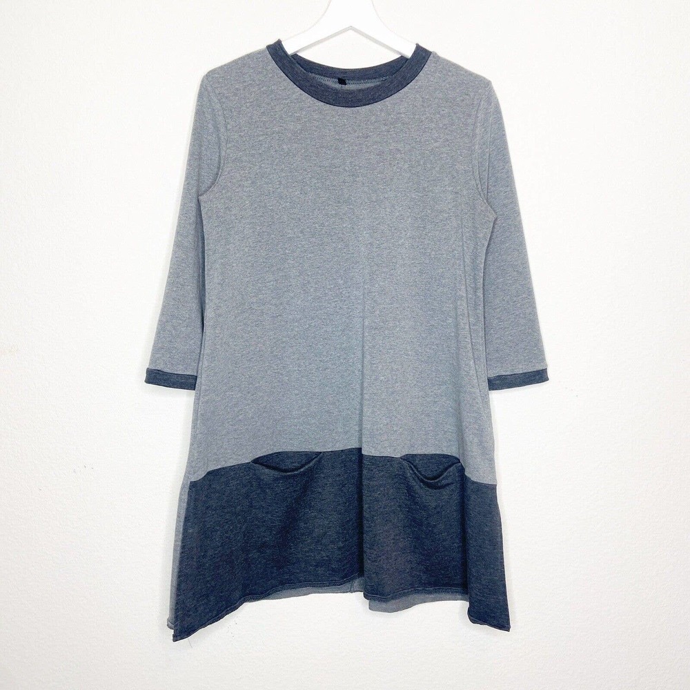 Shein Gray Color Blocked Pocketed Three Quarter Sleeve Dress L